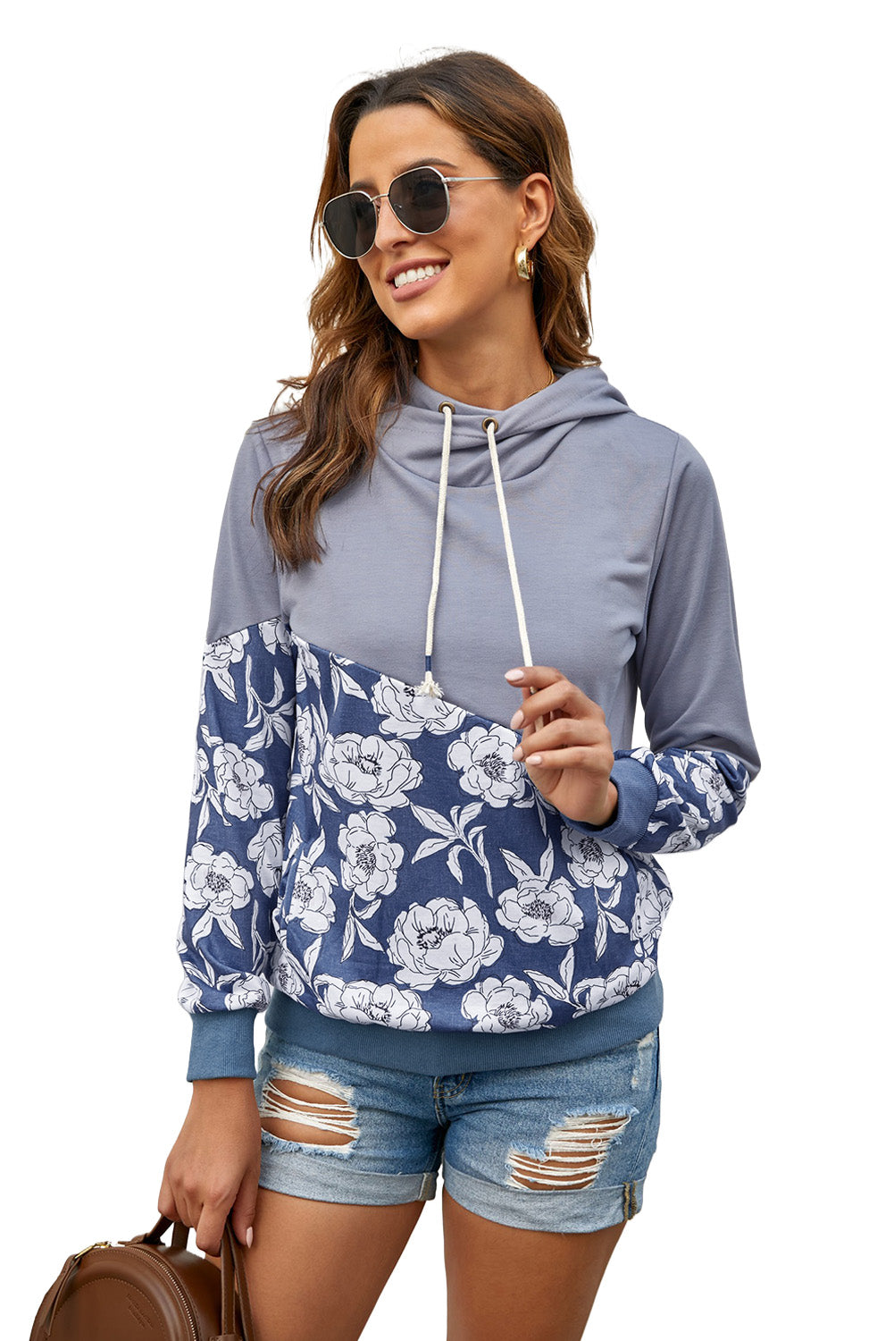 Floral Splicing Cowl Neck Hoodie | Gray