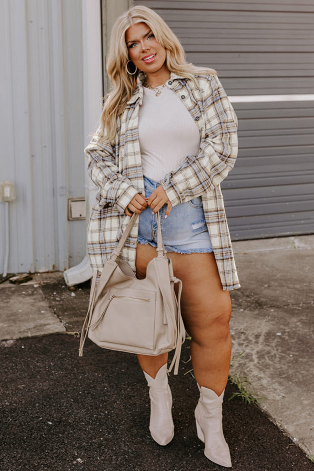 White Plaid Print Tunic Plus Size Shacket With Slits | White Stripe