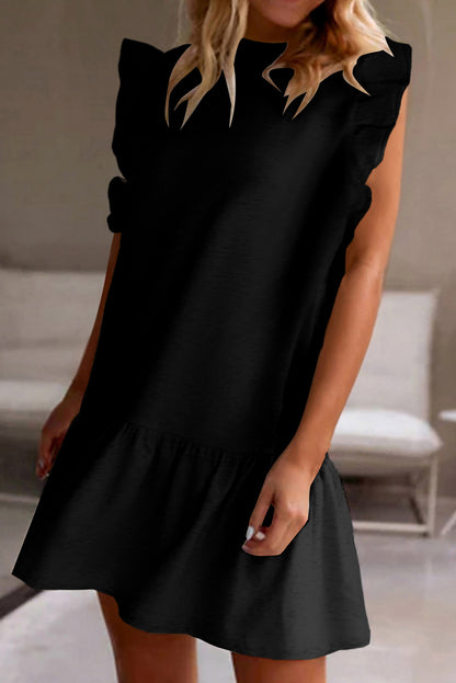 Flutter Sleeve Crew Neck Shift Dress | Black