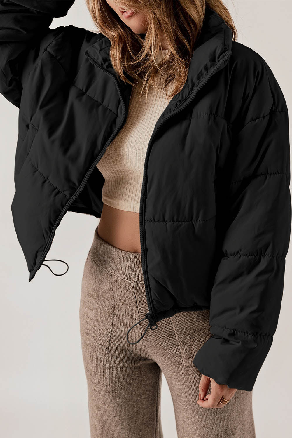 Zip Up Drawstring Hem Puffer Jackets | Black