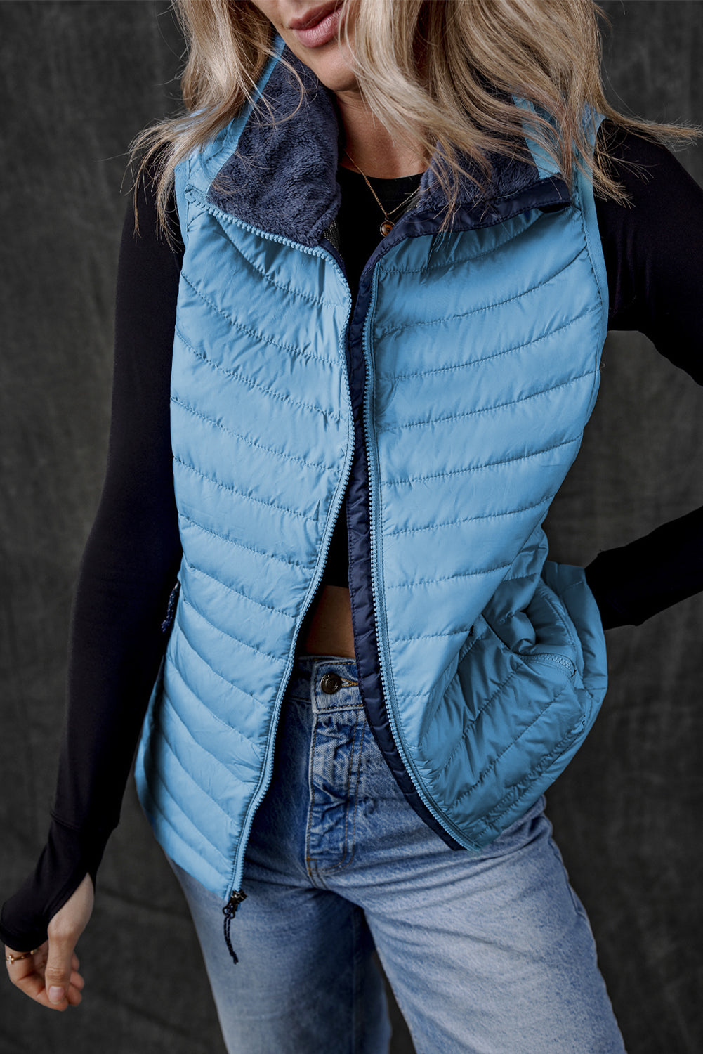 Plush Collared Quilted Zipped Puffer Vest | Sky Blue