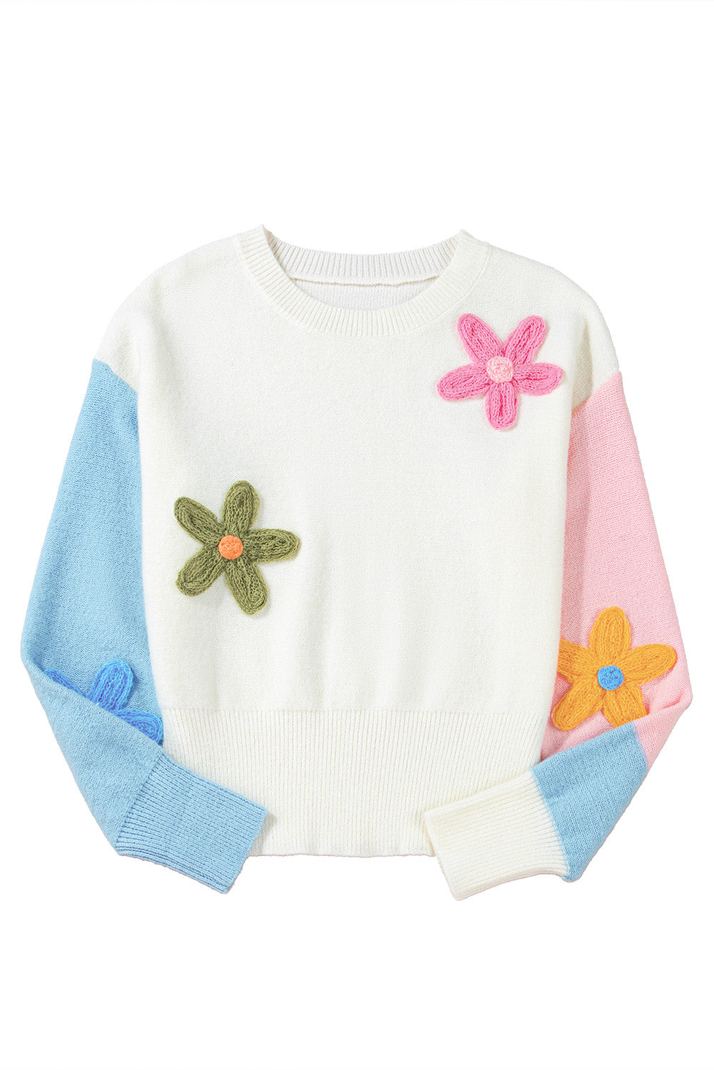 Floral Embroidered Colourblock Fuzzy Drop Shoulder Sweater | Multicolour