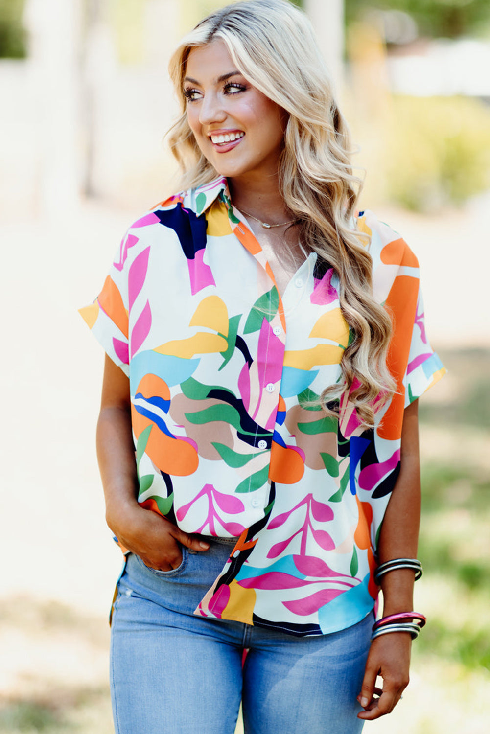 Abstract Leafy Print Short Sleeve Shirt | Multicolour