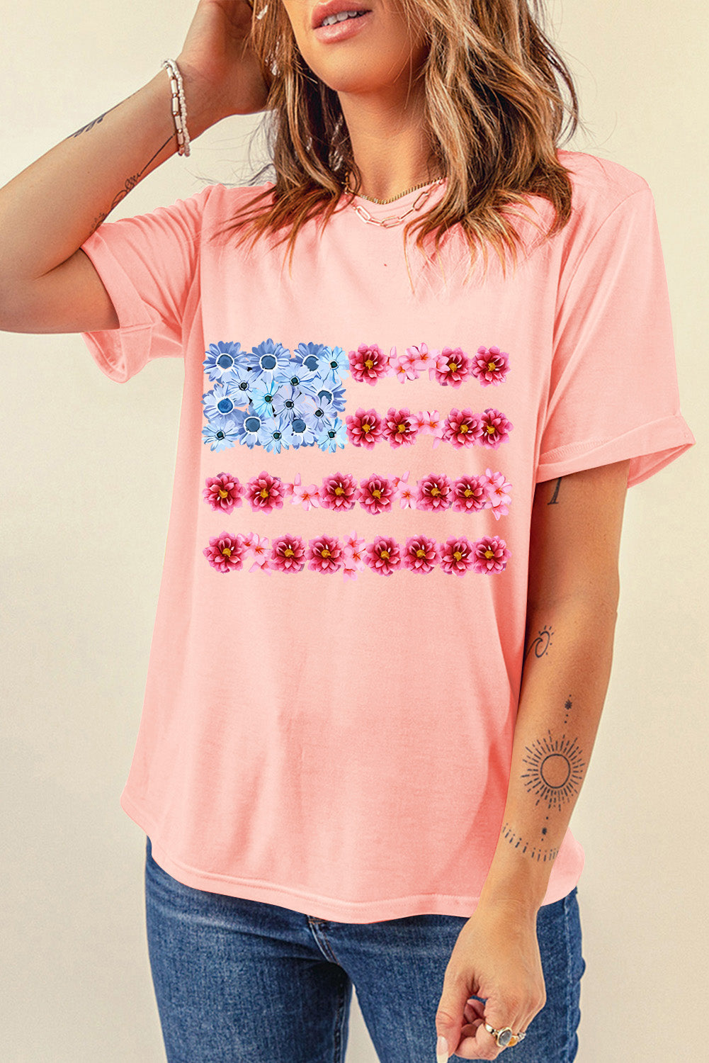 Floral Printed Crew Neck Flag Day T Shirt | Pink