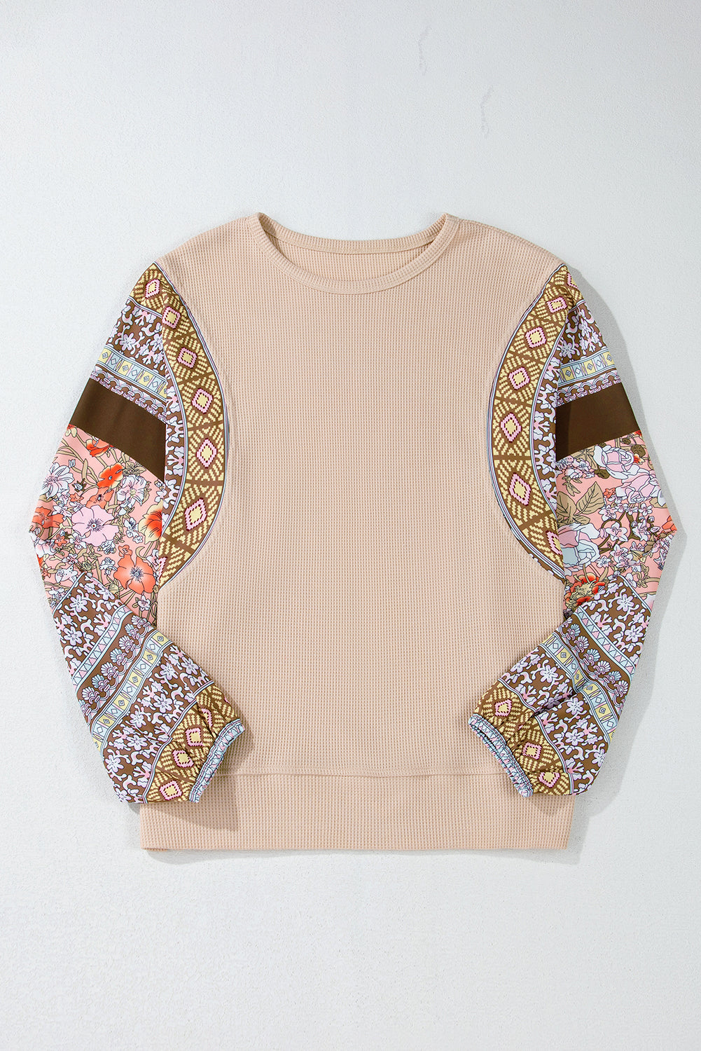 Contrast Floral Patchwork Puff Sleeve Waffle Knit Top | Parchment