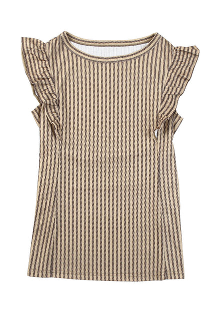 Striped Crew Neck Ruffled Tank Top | Khaki