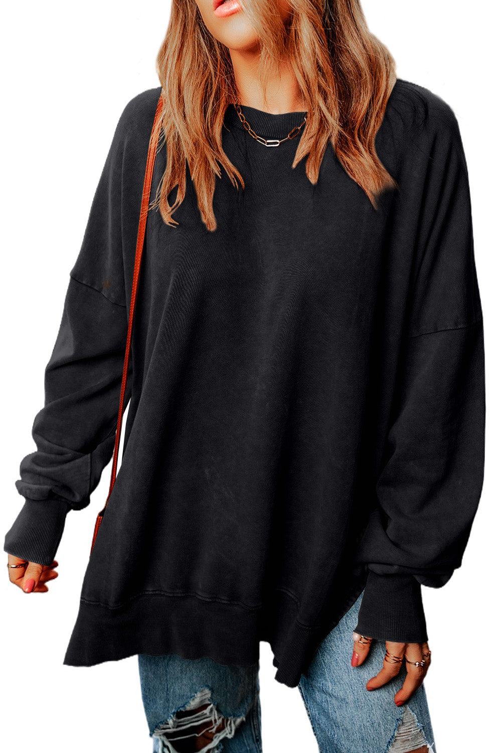 Drop Shoulder Ribbed Trim Oversized Sweatshirt | Black