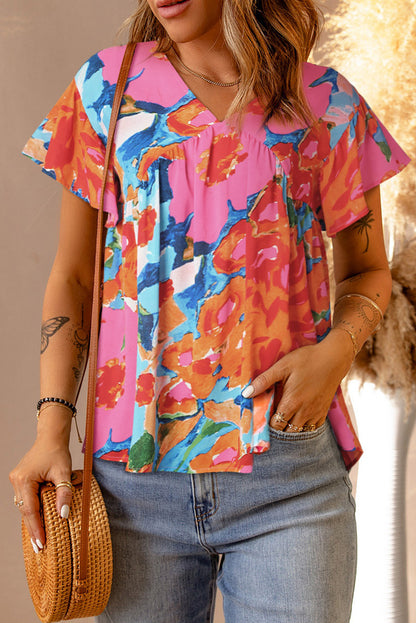 Abstract Print V Neck Flutter Sleeve Blouse | Pink