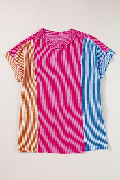 Textured Colourblock Crew Neck T Shirt | Rose Red