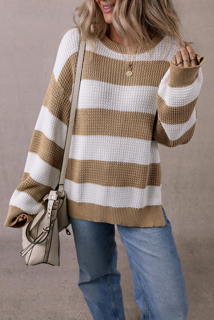 Colourblock Striped Drop Shoulder Side Slit Sweater | Light French Beige