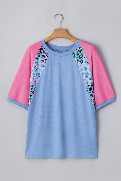 Leopard Print Patch Colourblock Plus Size T Shirt | Sky Blue