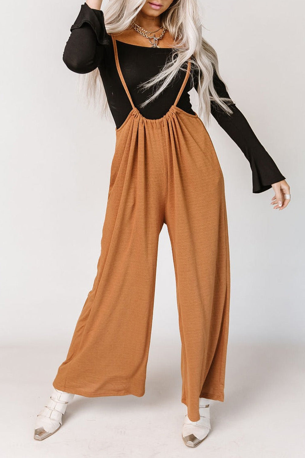 High Rise Wide Leg Suspender Pants | Orange