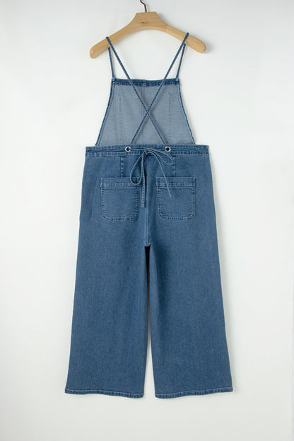 Adjustable Tie Straps Cropped Wide Leg Denim Overalls | Dusk Blue