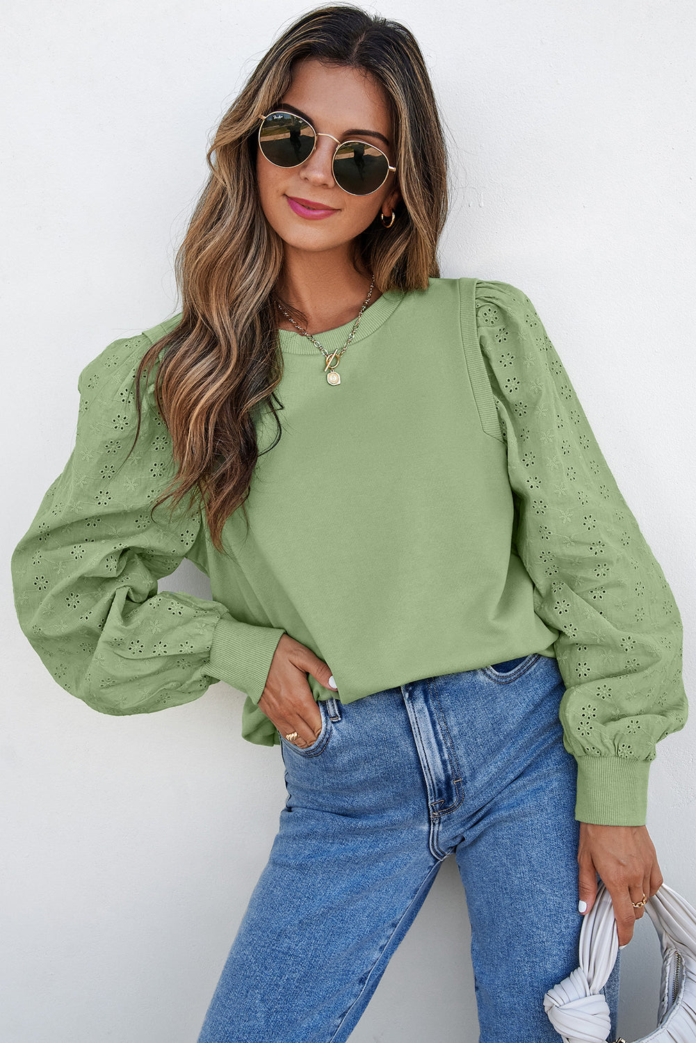 Solid Patchwork Sleeve Round Neck Sweatshirt | Mist Green