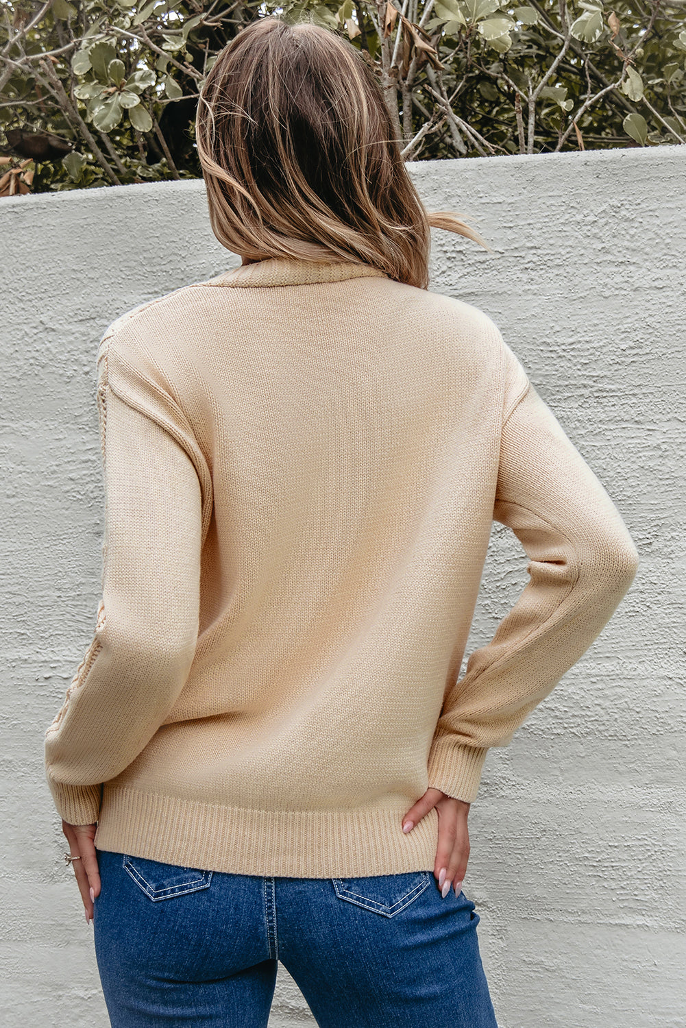 Open Knit Drop Shoulder Sweater Cardigan | Beige