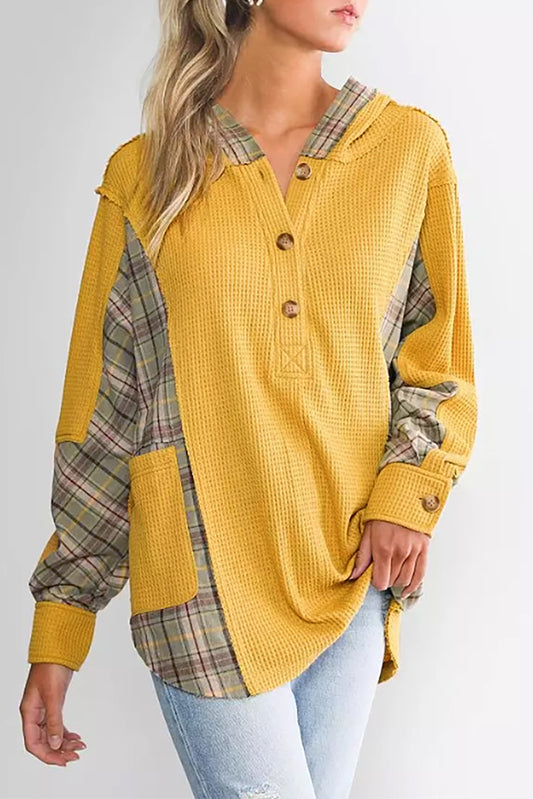 Yellow Waffle Knit Plaid Patchwork Pocketed Henley Hoodie