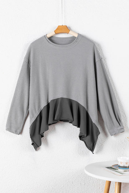 Waffle Long Sleeve Ruffled Patchwork Top | Medium Grey