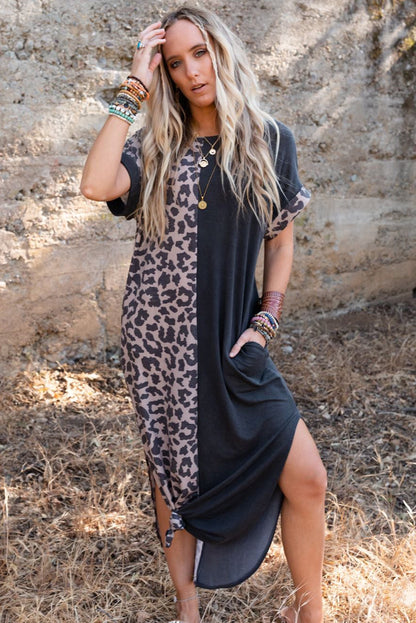 Contrast Solid Leopard Short Sleeve T-Shirt Dress With Slits | Black