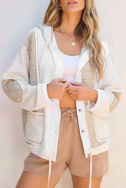 Quilted Textured Patchwork Loose Fit Hooded Jacket | Beige