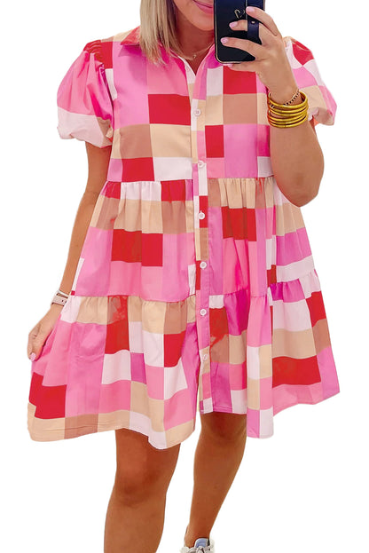 Plaid Print Puff Sleeve Buttoned Tiered Dress | Pink