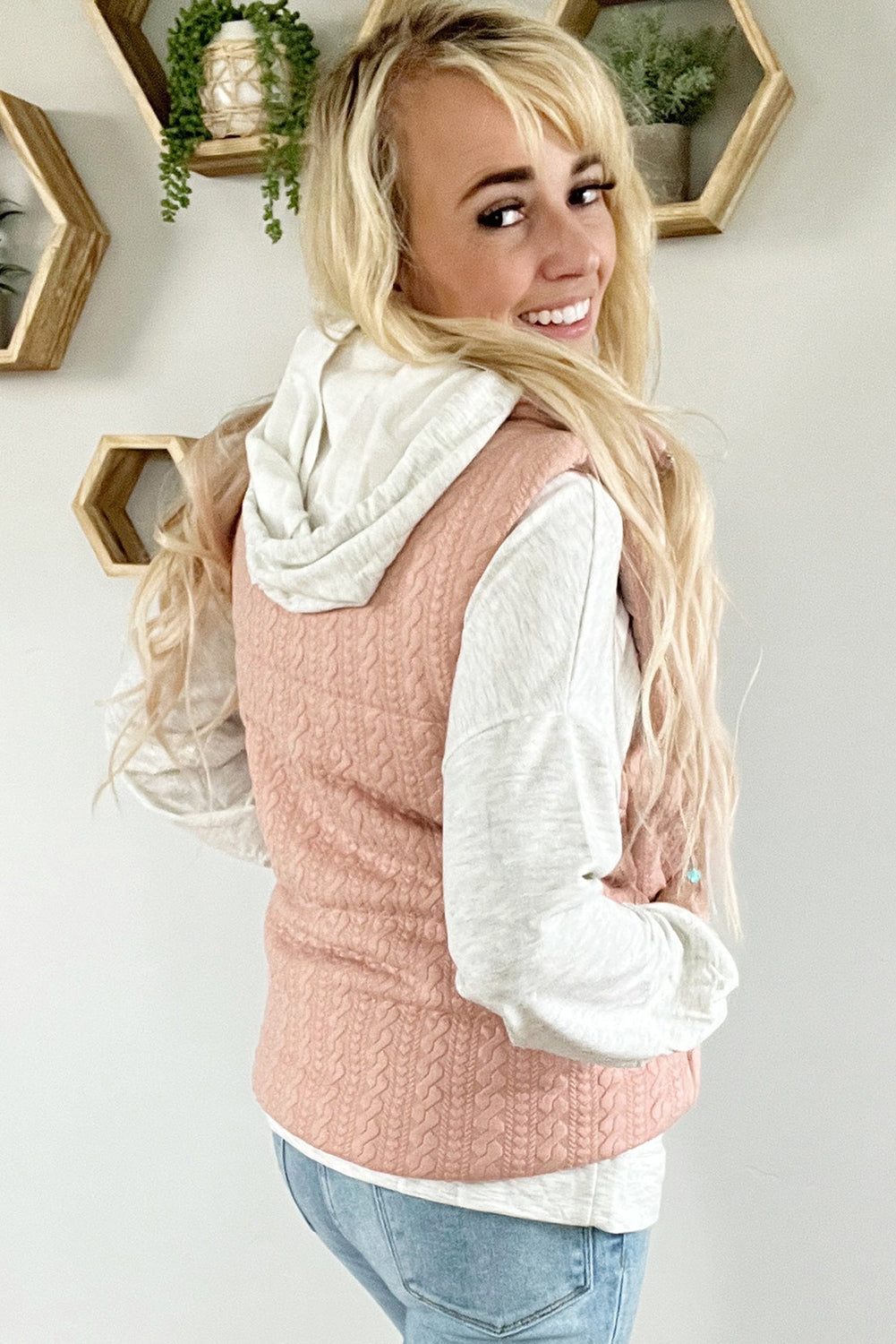 Cable Textured Zip Up Vest Jacket | Pale Chestnut