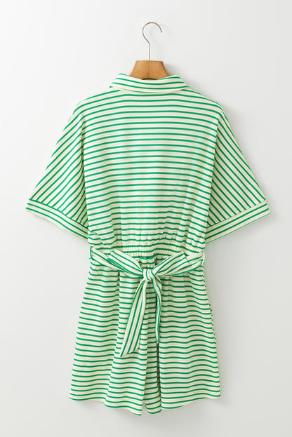 Textured Short Sleeve Collared Buttoned Waist Tie Romper | Green Stripe