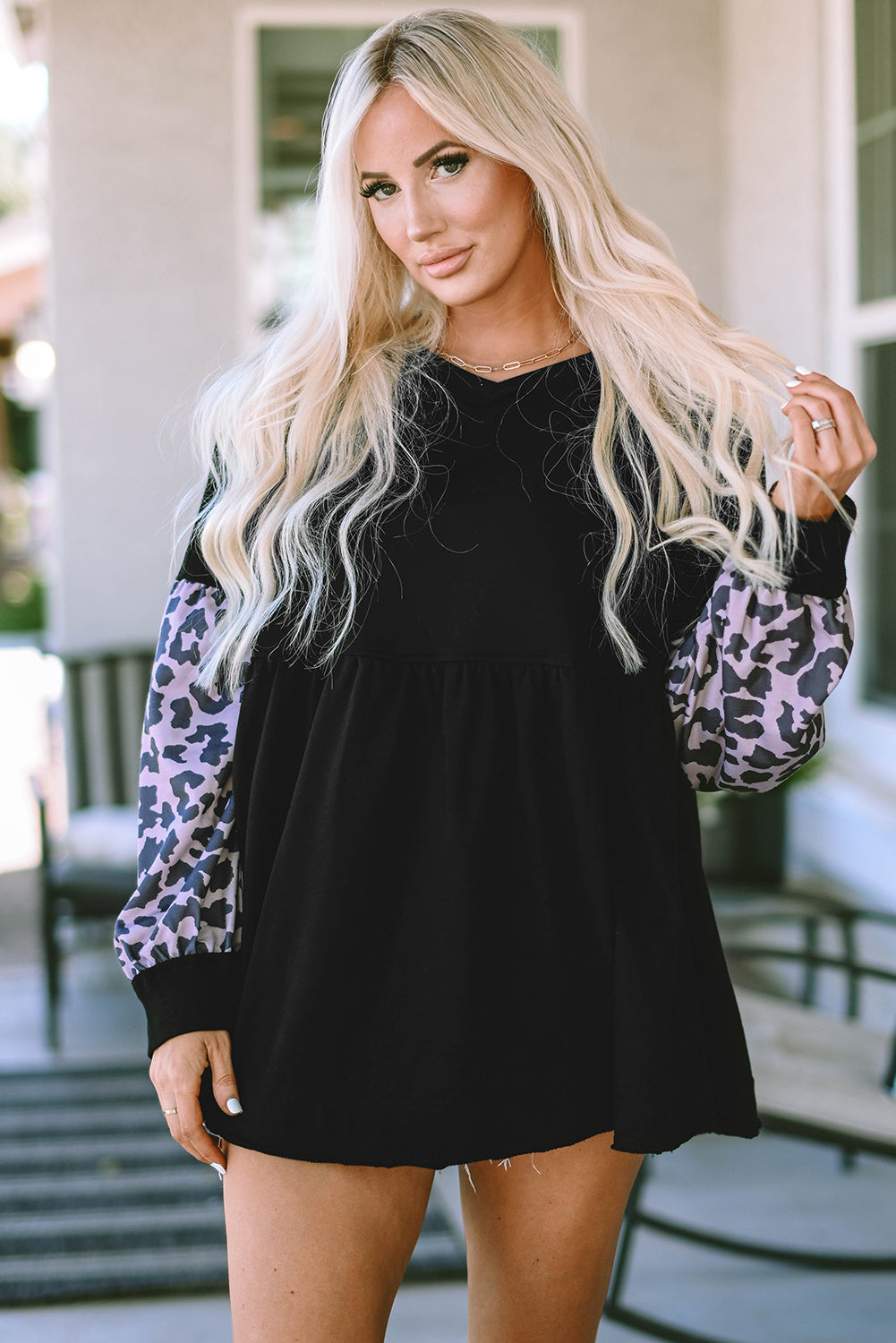 Leopard Splicing Sleeve Ruffle Loose Sweatshirt | Black