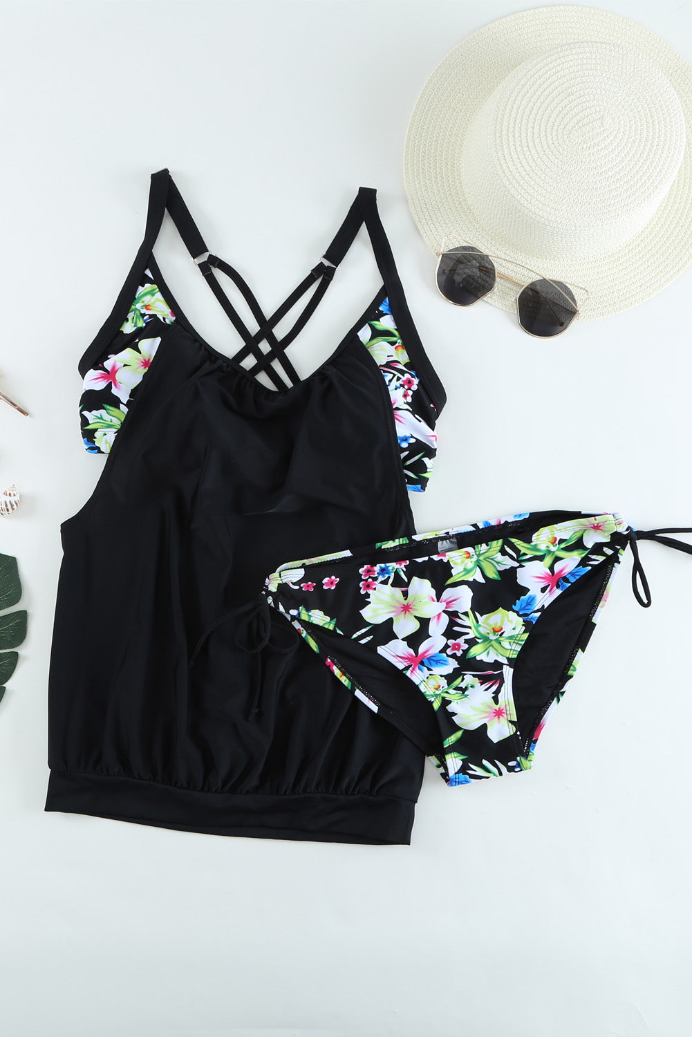 Layered-Style Floral Tankini With Triangular Briefs | Black