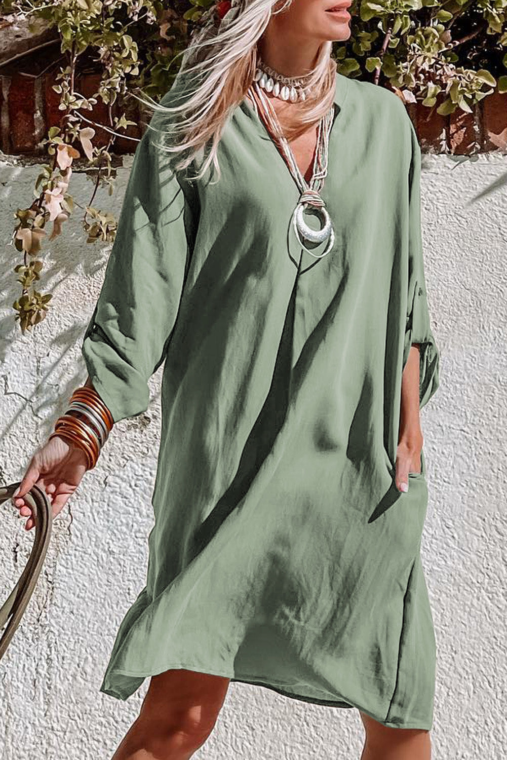 Roll-Tab Sleeve Flowy Casual Dress | Green