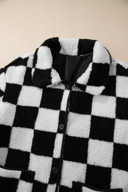 Checkered Side Pockets Collared Buttoned Fleece Jacket | Black