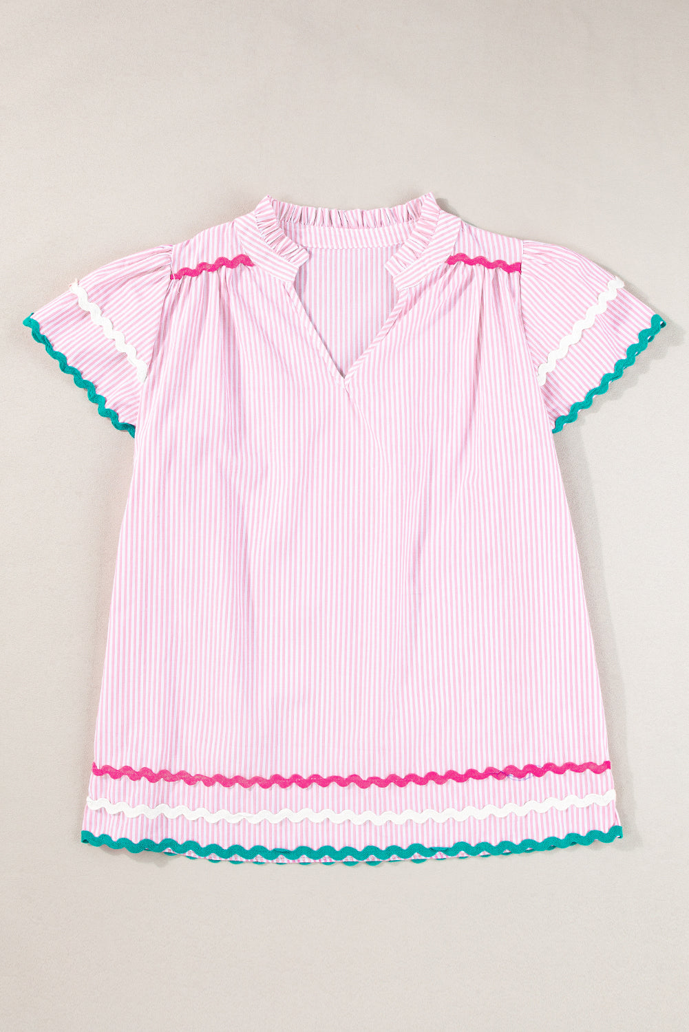 Ricrac Trim Split Neck Striped Ruffled Sleeve Blouse | Pink Stripe