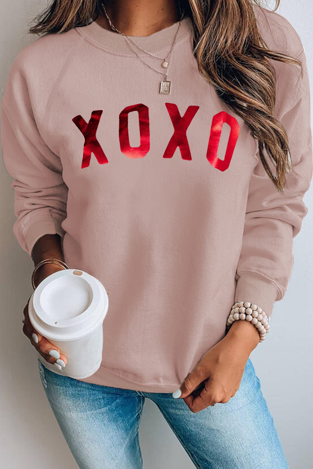 Xoxo Glitter Pattern Print Graphic Sweatshirt | Pink