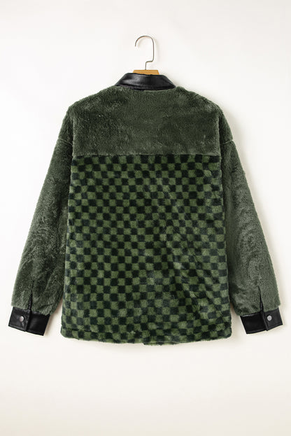 Fleece Checkerboard Flap Pocket Snap Button Jacket | Vineyard Green