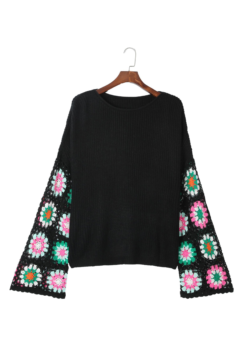 Floral Crochet Bell Sleeve Loose Sweater | Black