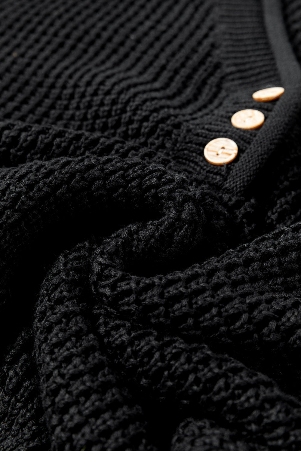 Pointelle Knit Button V Neck Drop Shoulder Sweater | Black