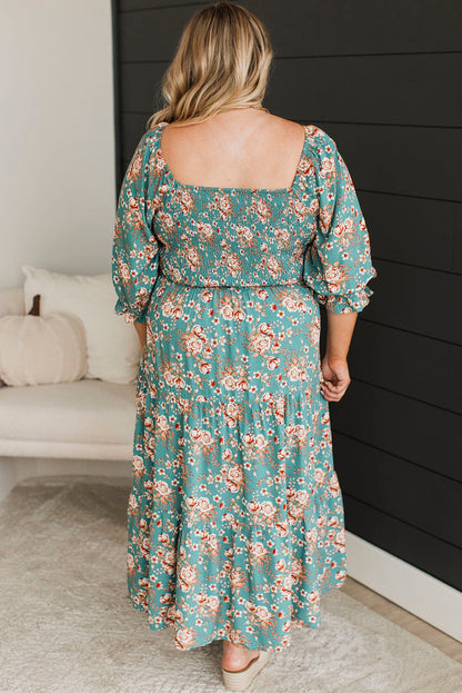 Plus Size Floral Print Square Neck Smocked Maxi Dress | Green