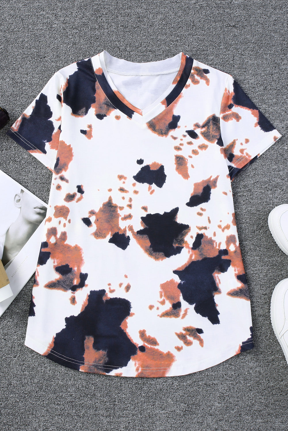 Cow Pattern Print Short Sleeve V Neck T Shirt | White