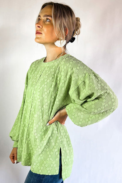 Solid Colour Textured Side Split Crew Neck Blouse | Light Green