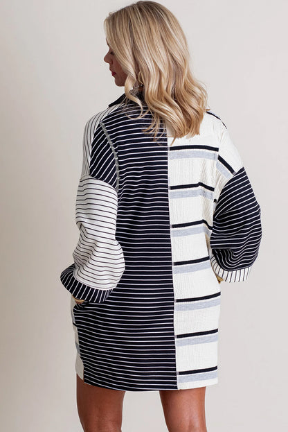 Colourblock Knit Henley Collar Shift Long Sleeve Mini Dress | Black Stripe