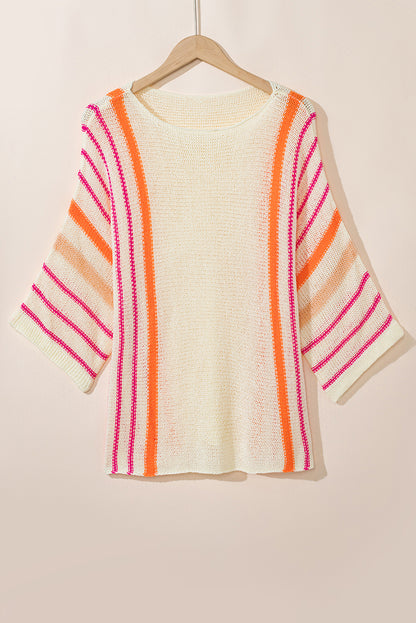 Striped Detail Wide Sleeve Lightweight Knitted Sweater | White