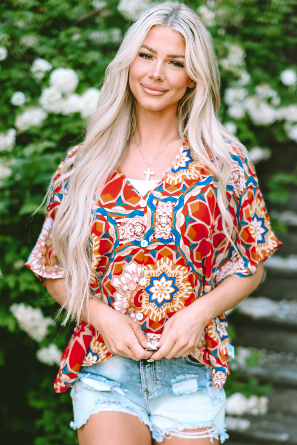 Floral Print Batwing Sleeve V Neck Blouse | Red