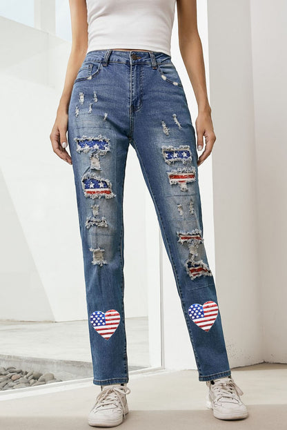 Heart-Shape American Flag Patch Frayed Jeans | Sky Blue