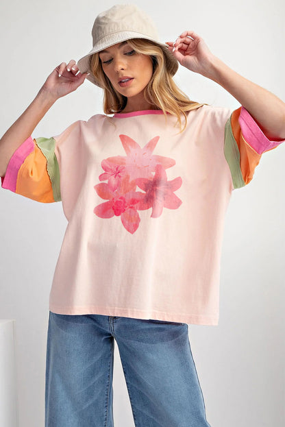 Flower Colour Block Half Sleeve Loose T Shirt | Pink