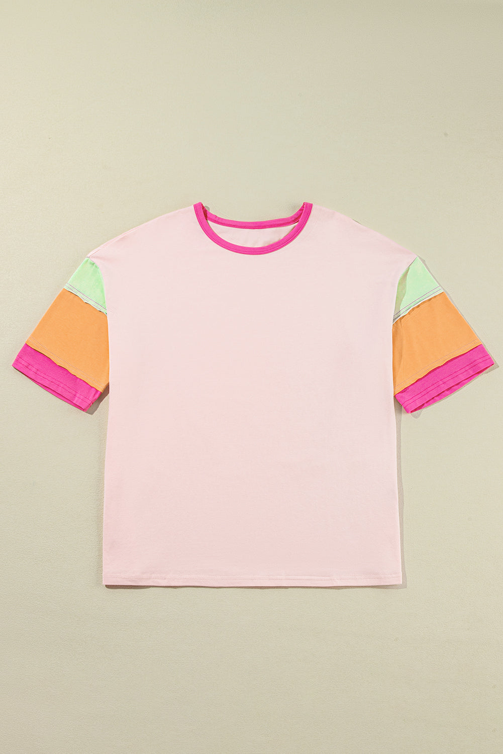 Colour Block Stitching Sleeve Round Neck Oversize Top | Pink