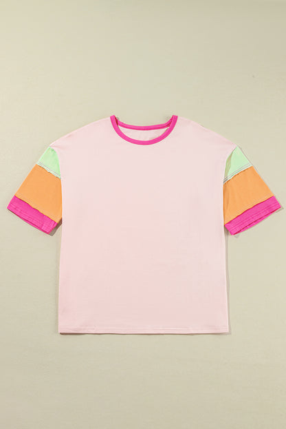 Colour Block Stitching Sleeve Round Neck Oversize Top | Pink