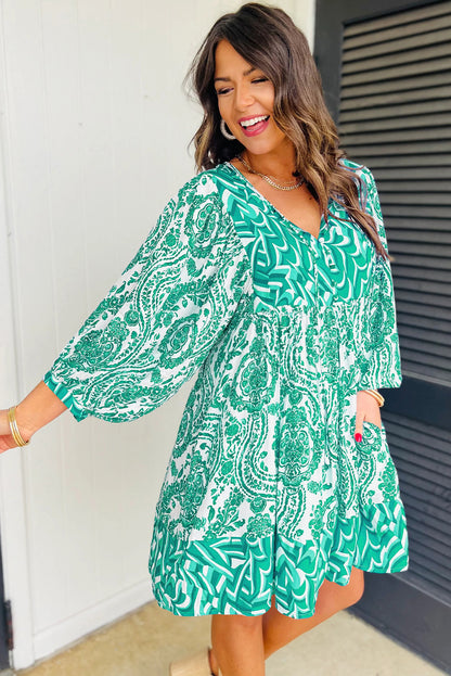 Bohemian Print Puff Sleeve Tied V Neck Flared Mini Dress | Green