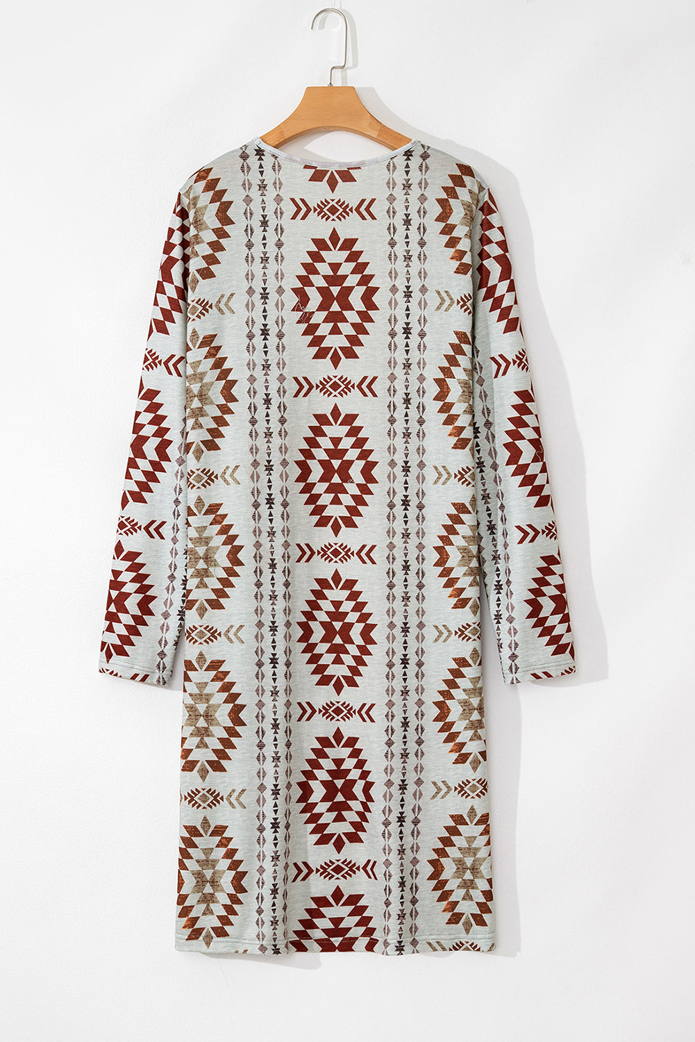 Western Aztec Printed Open Front Long Cardigan | Brown