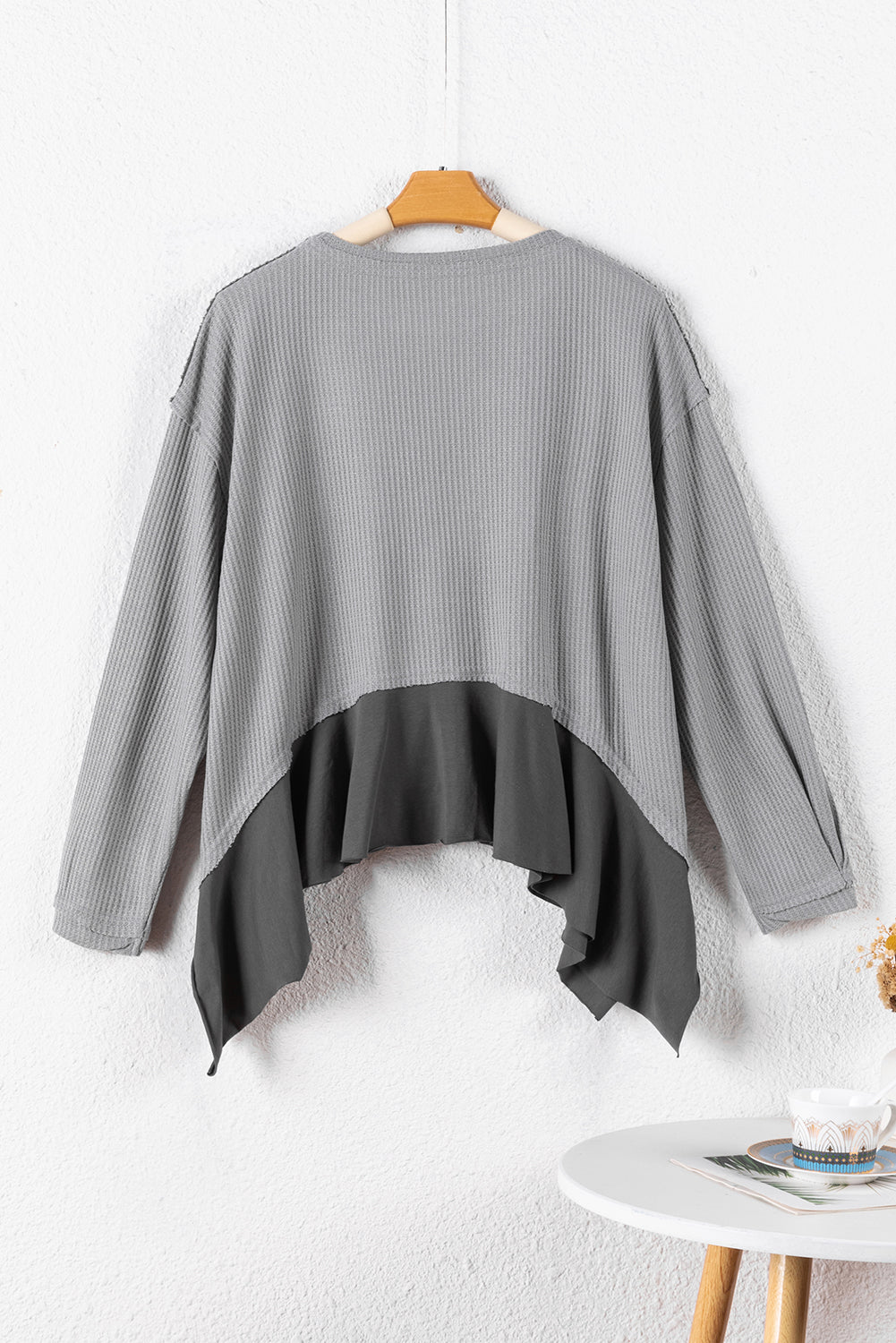 Waffle Long Sleeve Ruffled Patchwork Top | Medium Grey