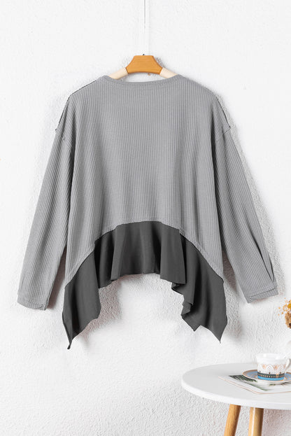 Waffle Long Sleeve Ruffled Patchwork Top | Medium Grey