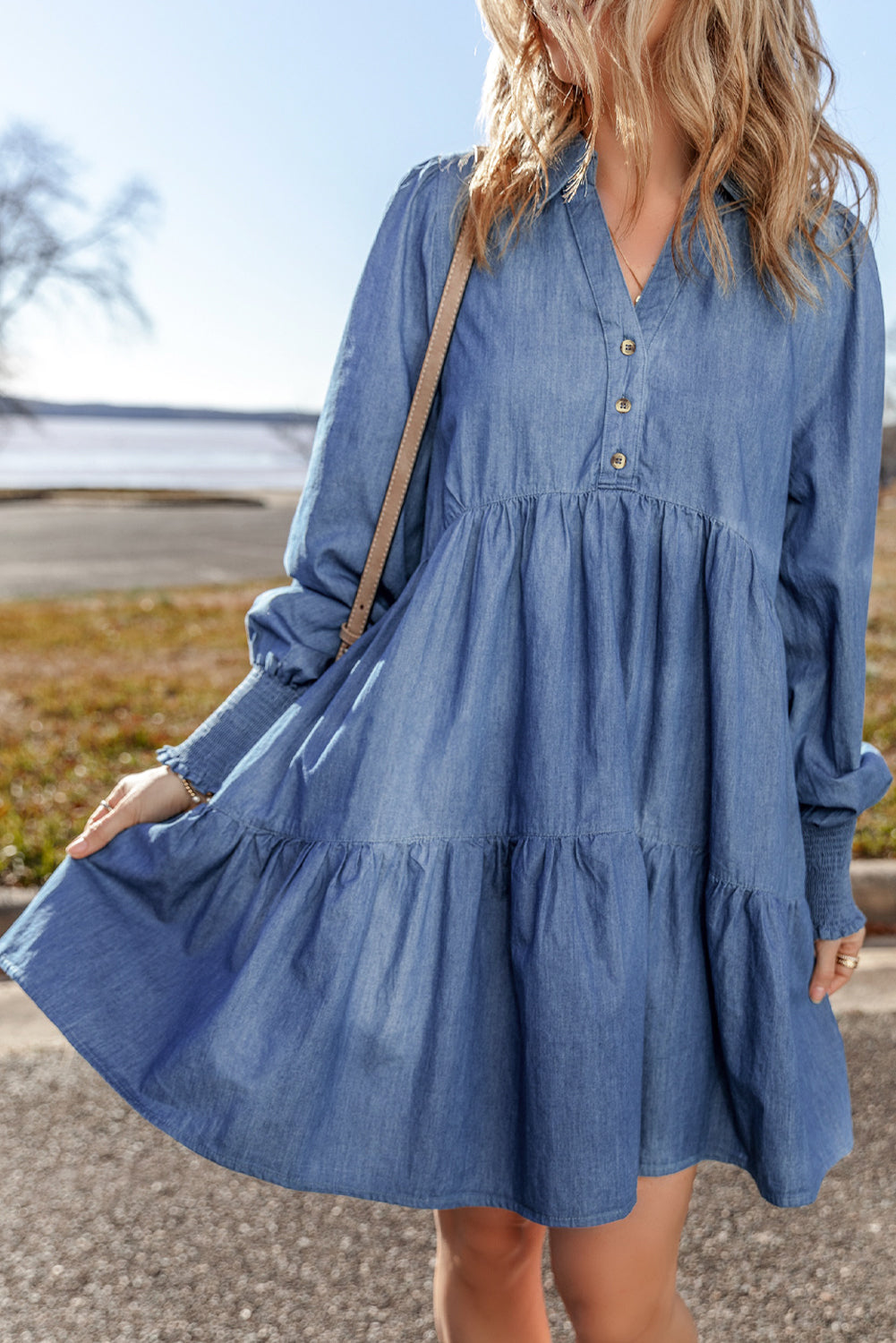 Smocked Cuff Buttoned Tiered Denim Mini Dress | Dusk Blue